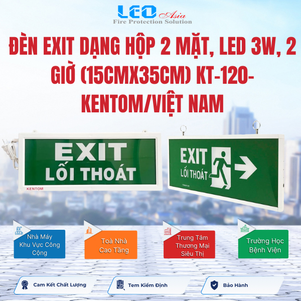 Đèn Exit dạng hộp 2 mặt, Led 3W, 2 giờ (15cmx35cm) KT-120- Kentom/Việt Nam Đèn Exit dạng hộp 2 mặt, Led 3W, 2 giờ (15cmx35cm) KT-120- Kentom/Việt Nam