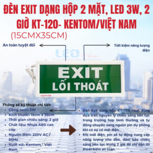 Đèn Exit dạng hộp 2 mặt, Led 3W, 2 giờ (15cmx35cm) KT-120- Kentom/Việt Nam