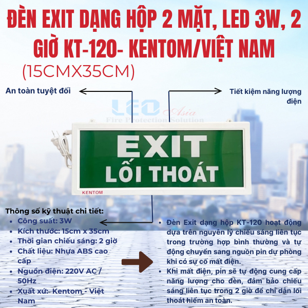 Đèn Exit dạng hộp 2 mặt, Led 3W, 2 giờ (15cmx35cm) KT-120- Kentom/Việt Nam