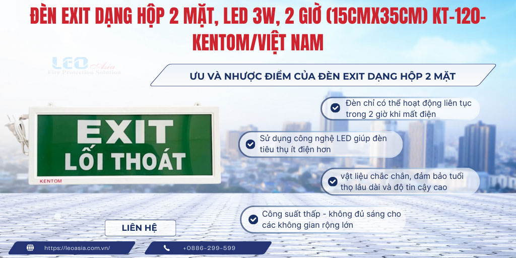 Đèn Exit dạng hộp 2 mặt, Led 3W, 2 giờ (15cmx35cm) KT-120- Kentom/Việt Nam