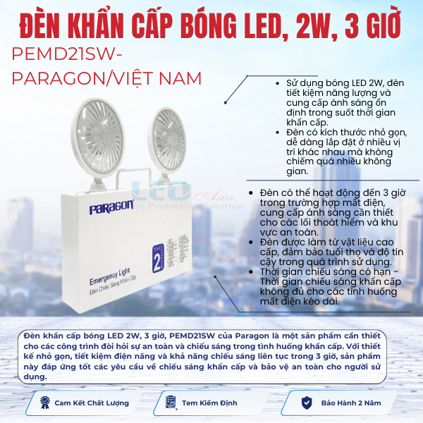 Đèn khẩn cấp bóng Led, 2W, 3 giờ, PEMD21SW- Paragon/Việt Nam