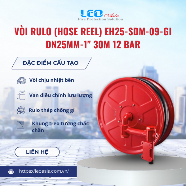 Vòi rulo (Hose Reel) EH25-SDM-09-GI, DN25mm-1", 30m, 12 bar, Eversafe/Malaysia