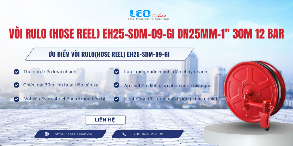 Vòi rulo (Hose Reel) EH25-SDM-09-GI, DN25mm-1", 30m, 12 bar, Eversafe/Malaysia