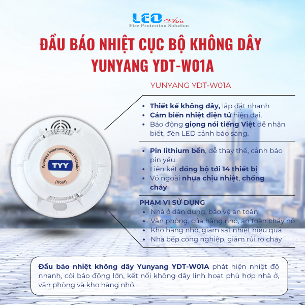 Đầu báo nhiệt cục bộ kết nối không dây Yunyang YDT-W01A