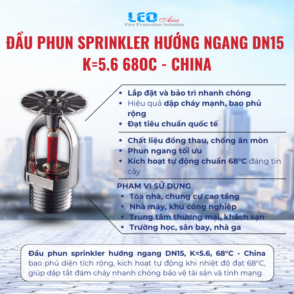 Đầu phun sprinkler hướng ngang DN15, K=5.6, 68oC - China
