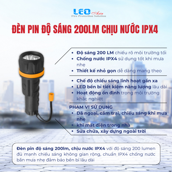 Đèn pin độ sáng 200lm, chịu nước IPX4
