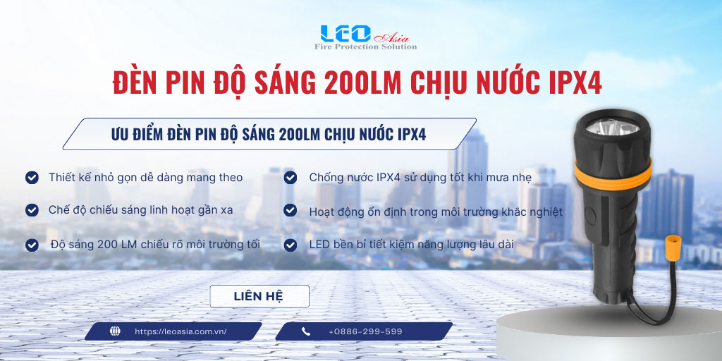 Đèn pin độ sáng 200lm, chịu nước IPX4