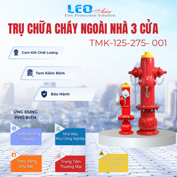 Trụ chữa cháy ngoài nhà 3 cửa TMK-125-275- 001 (không bao gồm đế) đã bao gồm kiểm định (DN125 x 2DN75) Trụ chữa cháy ngoài nhà 3 cửa TMK-125-275- 001 (không bao gồm đế) đã bao gồm kiểm định (DN125 x 2DN75)