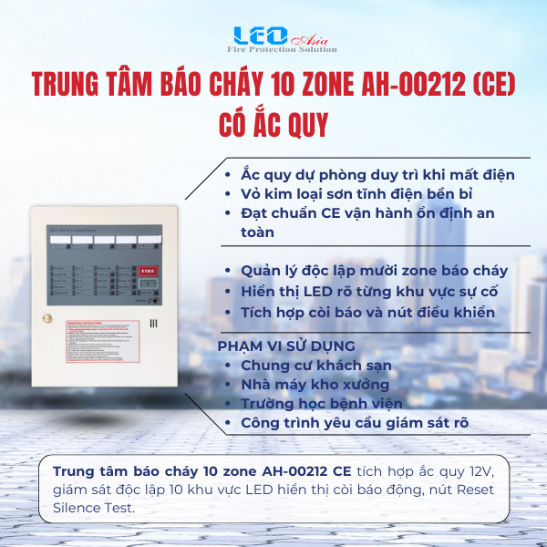 Trung tâm báo cháy 10 zone AH-00212 (CE) có ắc quy