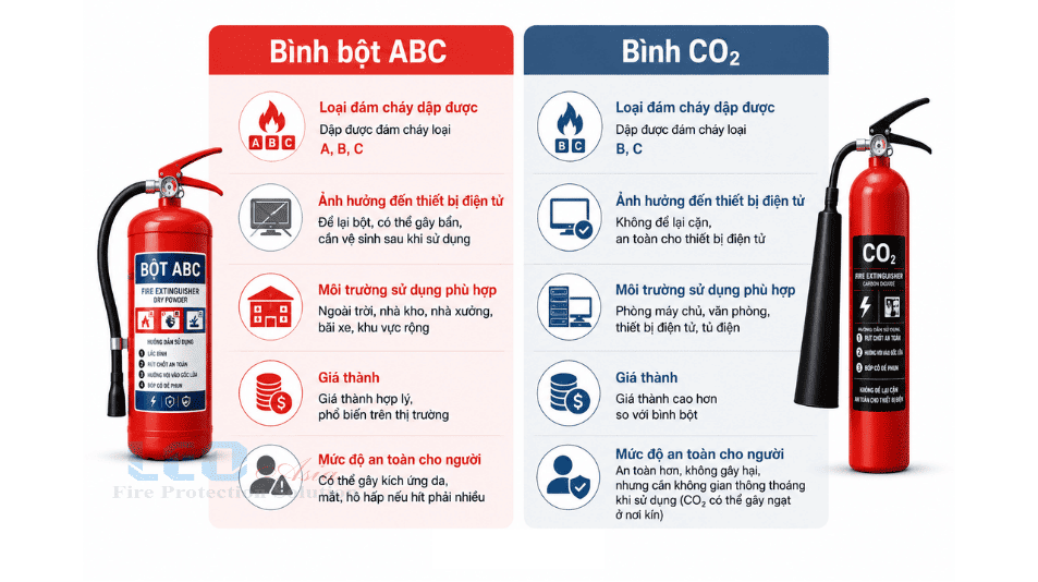 So sánh bình chữa cháy bột và CO2