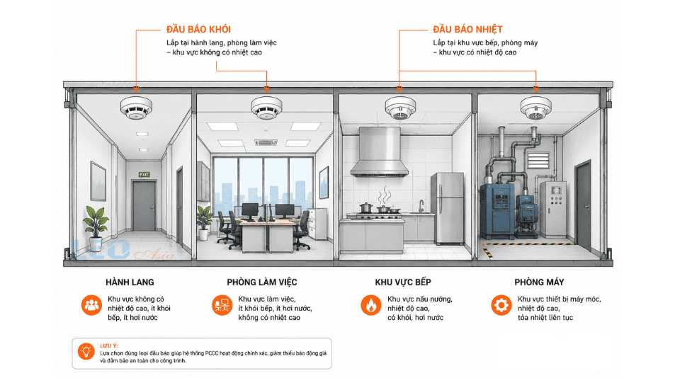 Vị trí lắp đặt thực tế đầu báo khói