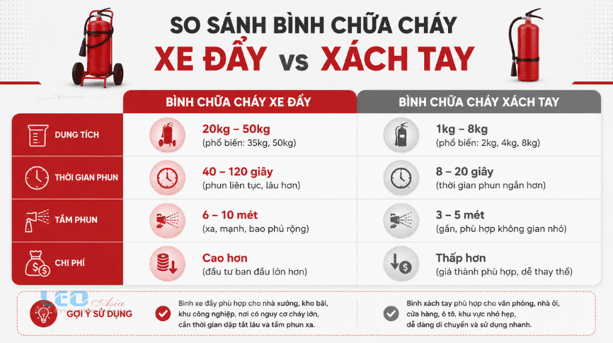 Bảng so sánh bình chữa cháy xe đẩy và xách tay