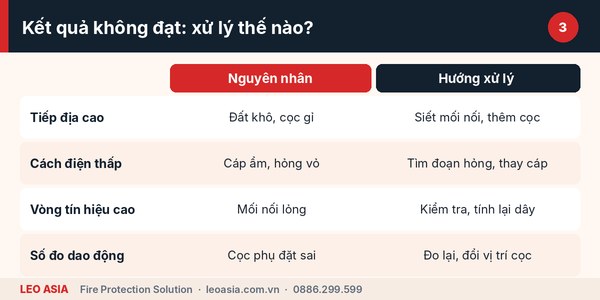 Bảng xử lý khi đo điện trở hệ thống báo cháy không đạt